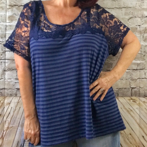 Lane Bryant Tops - Lane Bryant Navy Lace Bodice Striped Tee Sz 22/24